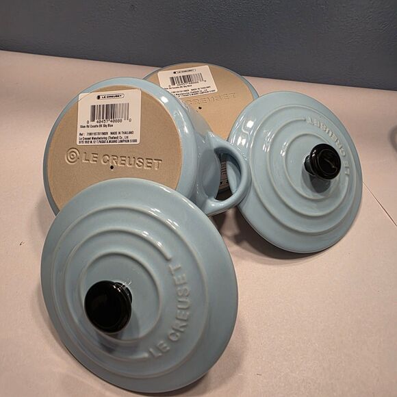 Pair Le Creuset 2 Pc Set Mini Round Cocotte Sky Blue Stoneware Pots with Lids - Picture 6 of 11